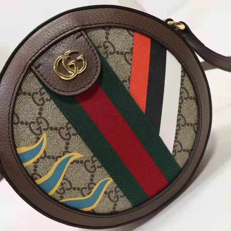 Gucci Round Shoulder Bag Double G Beige Ebony GG Supreme Canvas