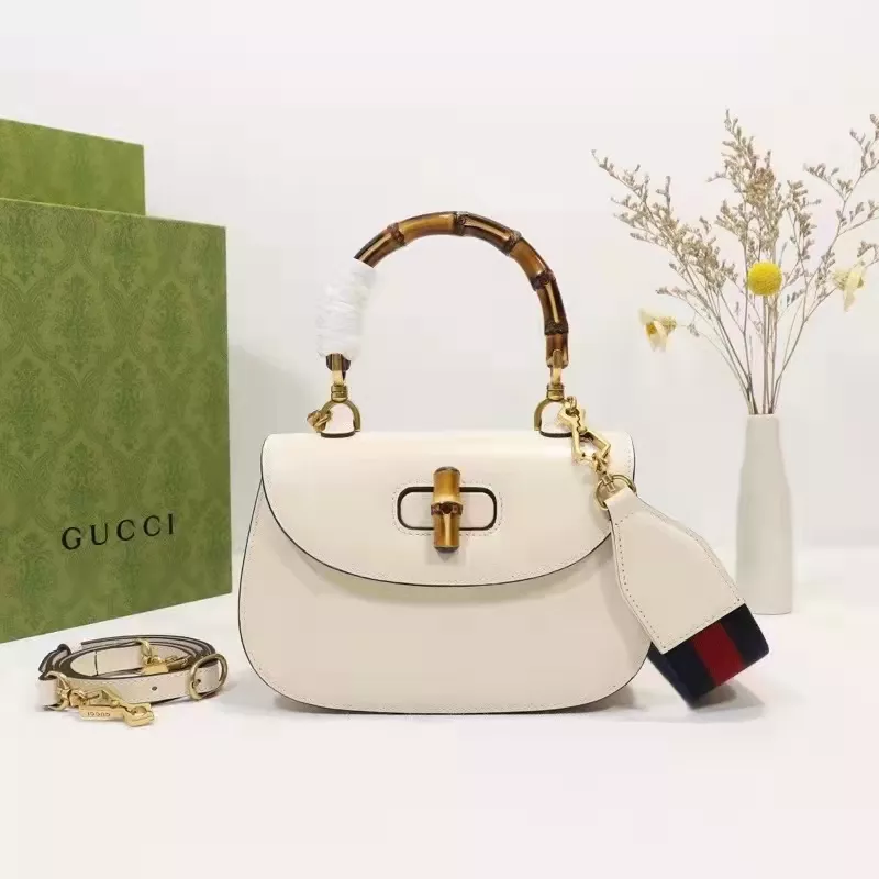 Gucci Small Bamboo GG Top Handle Bag White Leather - uafactory
