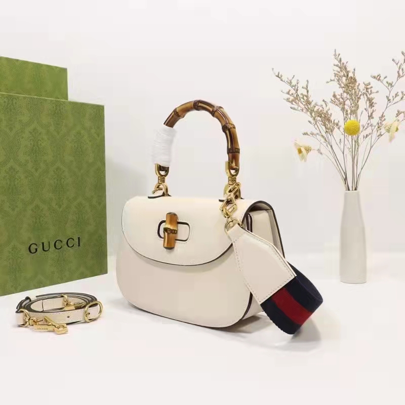 Gucci Small Bamboo GG Top Handle Bag White Leather
