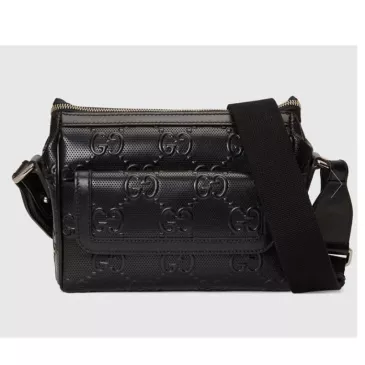 Gucci Unisex GG Embossed Messenger Bag Black GG Embossed Leather - uafactory